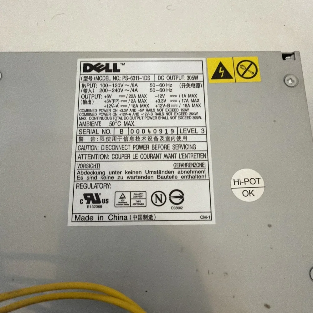 Dell Power Supply  PS-6311-1DS 305W W/ Wall Power Cord - Tested!